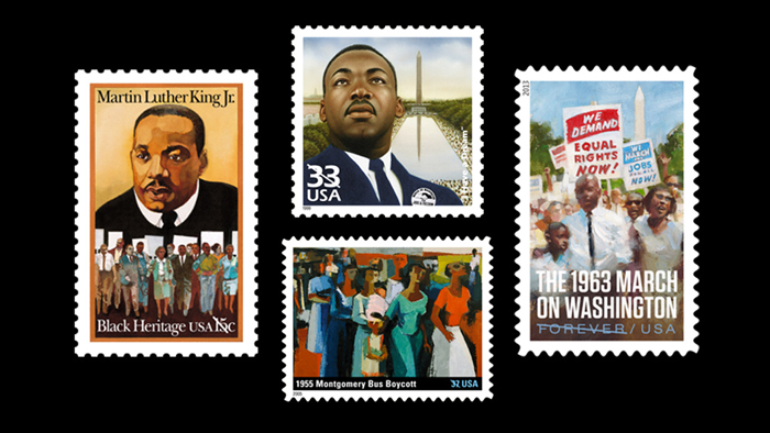 Four MLK stamps on a black background