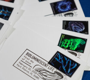 Bioluminescent Life stamps affixed to envelopes