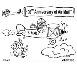 Cartoon showing airmail planes, pilots in sky