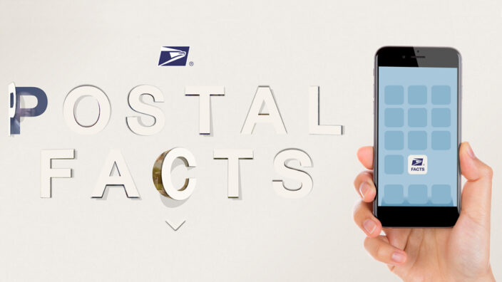 Hand holding smartphone with Postal Facts icon on screen