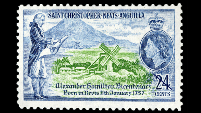 Stamp showing Alexander Hamilton's birthplace