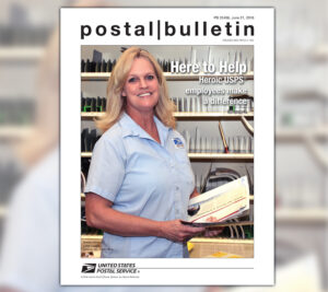 Smiling postal worker on Postal Bulletin cover