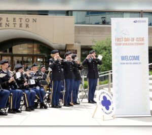 Military band performs on plaza