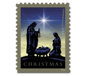 Stamp showing Joseph, Mary and Jesus