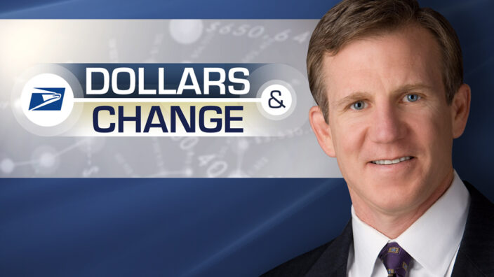 Smiling executive near Dollars and Change logo