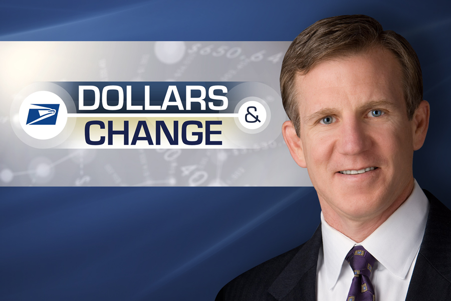 Smiling executive near Dollars and Change logo