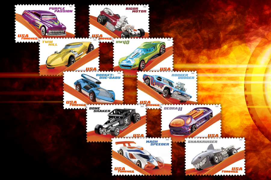 10 stamps showing different Hot Wheels vehicles