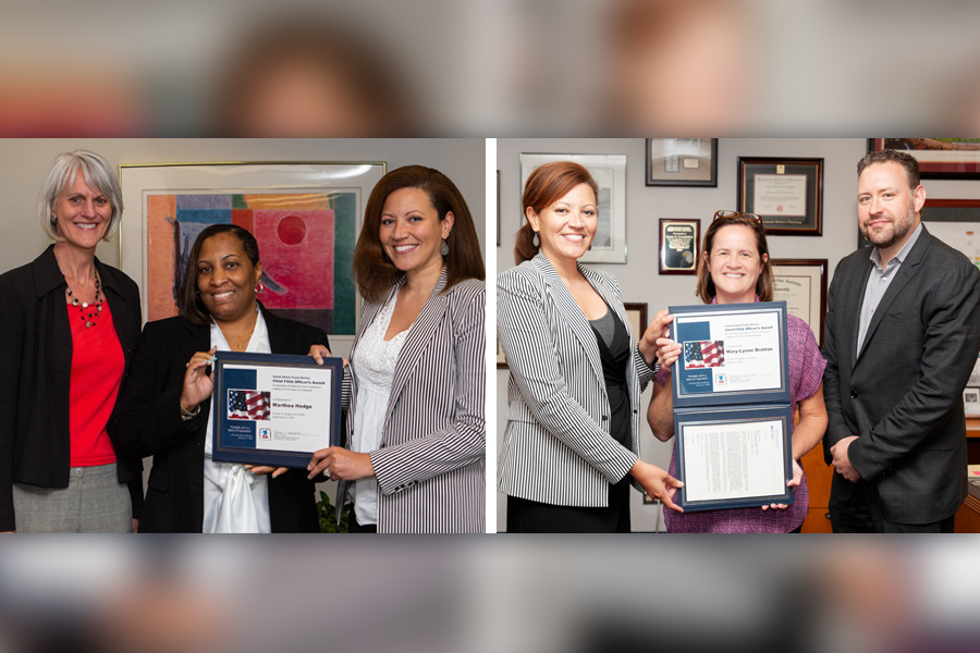 Composite group shots of people smiling and displaying certificates