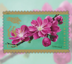Stamp showing purple flowers on a branch