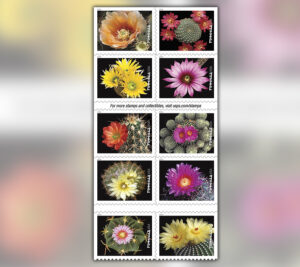 Sheet showing 10 colorful cacti stamps