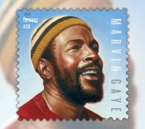 Stamp showing an illustration of a smiling Marvin Gaye