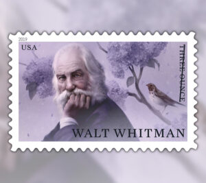Stamp showing illustration of Walt Whitman looking pensive