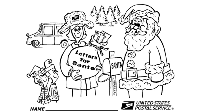 Holiday coloring page featuring Santa and a letter carrier
