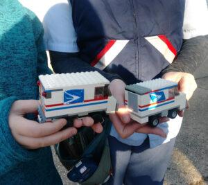 Postal vehicle replica made from Lego blocks