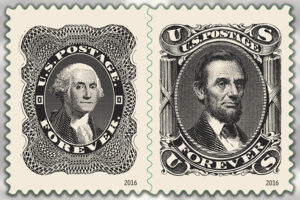 Presidents George Washington and Abraham Lincoln stamps.