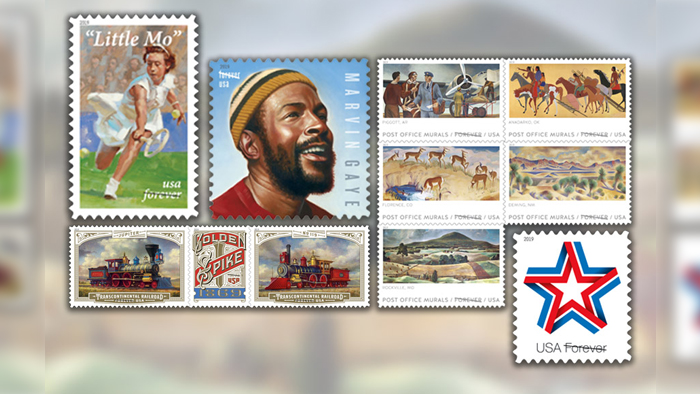 Star Ribbon, Music Icons: Marvin Gaye, Postal Office Murals, Little Mo and Transcontinental Railroad stamps.