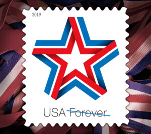 Stamp showing red, white and blue star