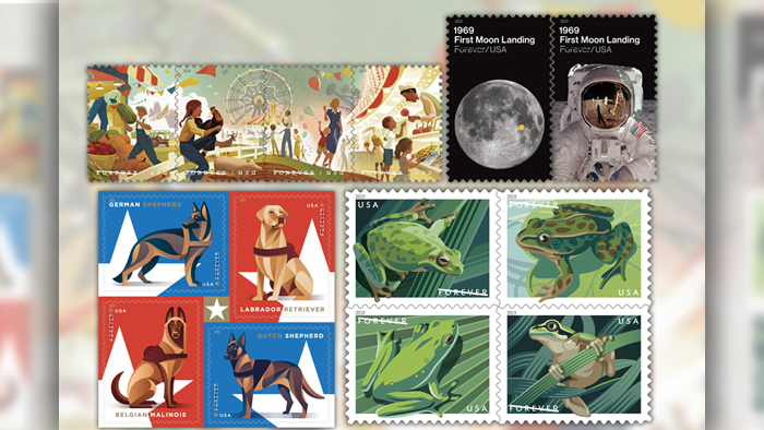 969: First Moon Landing, Frogs and Military Working Dogs stamps.