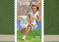 Stamp showing oil painting of young woman tennis player