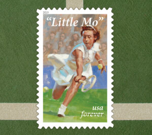 Stamp showing oil painting of young woman tennis player