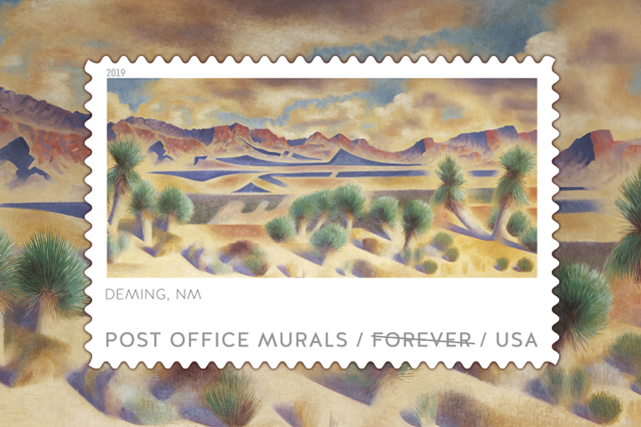 “Mountains and Yucca,” painted in 1937, is one of five artworks featured in the new Post Office Murals stamp release.