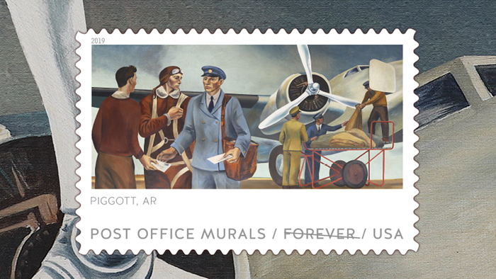 Postal employees handle mail being loaded into a plane in the “Air Mail” mural, painted in 1941.