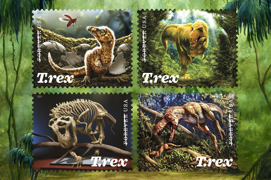Four Tyrannosaurus Rex stamp designs