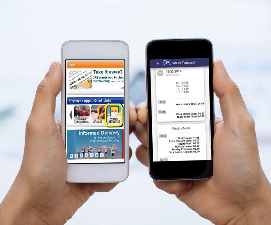 Two hands holding smartphones displaying USPS apps