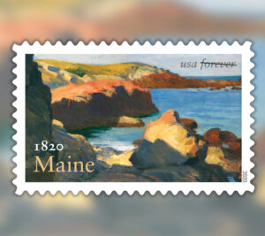 Stamp showing painting of cliffs over sea