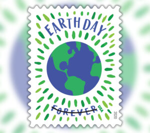 Stamp showing colorful illustration of Earth