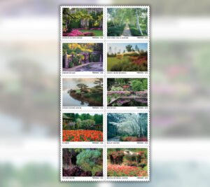 Sheet of stamps showing garden photographs