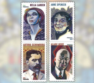 4 stamps showing illustrations of African-American literary figures
