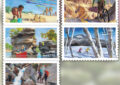 Five stamps showing illustrations of outdoor scenes