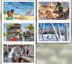 Five stamps showing illustrations of outdoor scenes