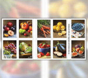Stamps showing realistic paintings of fruits and vegetables