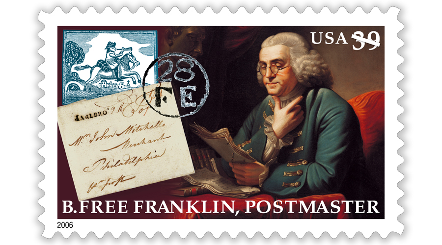 A postage stamp showing a painting of Benjamin Franklin holding his chin while reading a document
