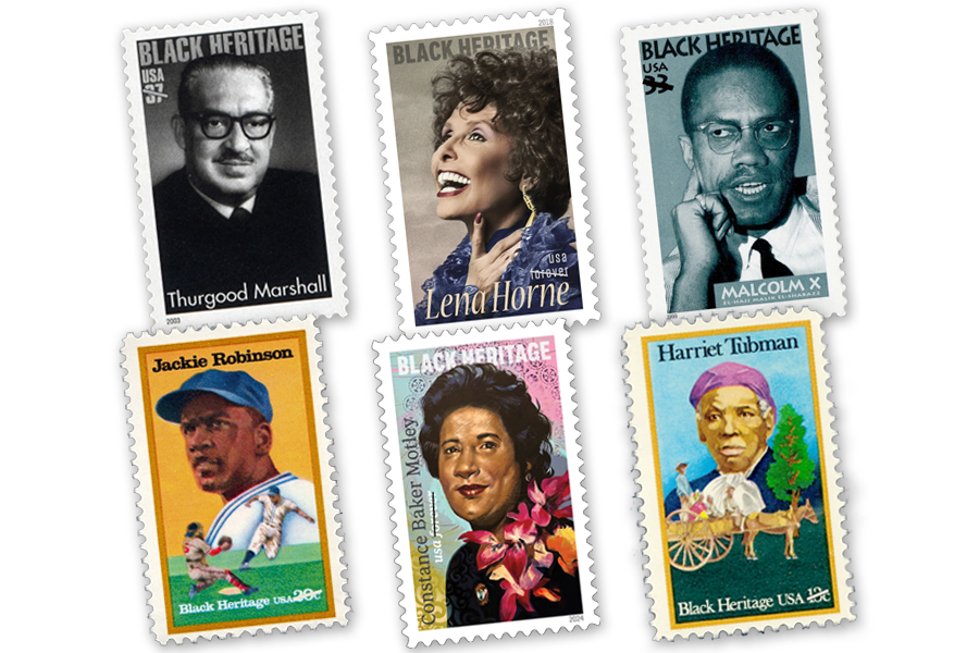 A collage of stamp images showing Thurgood Marshall, Lena Horne, Malcolm X, Jackie Robinson, Constance Baker Motley and Harriet Tubman