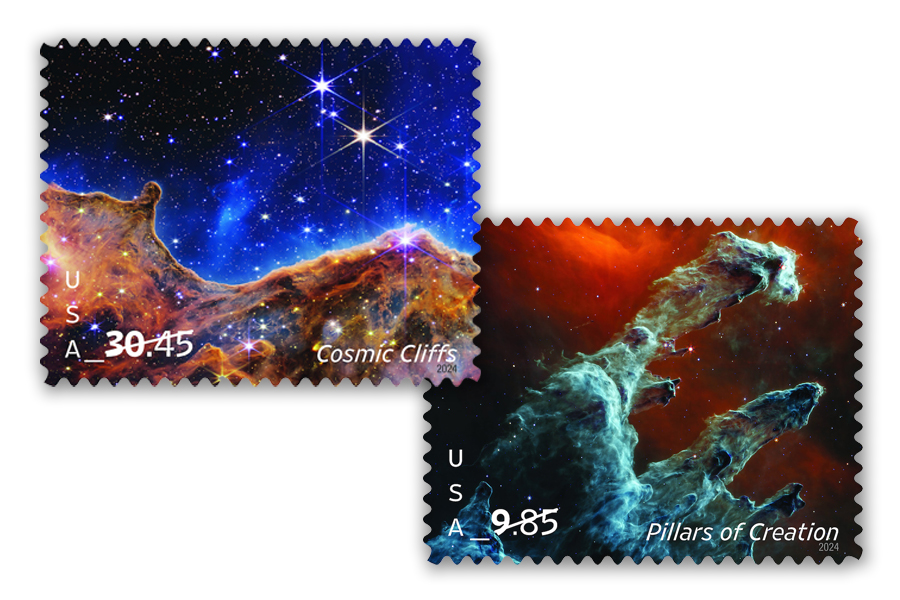 Two postage stamps that show space images