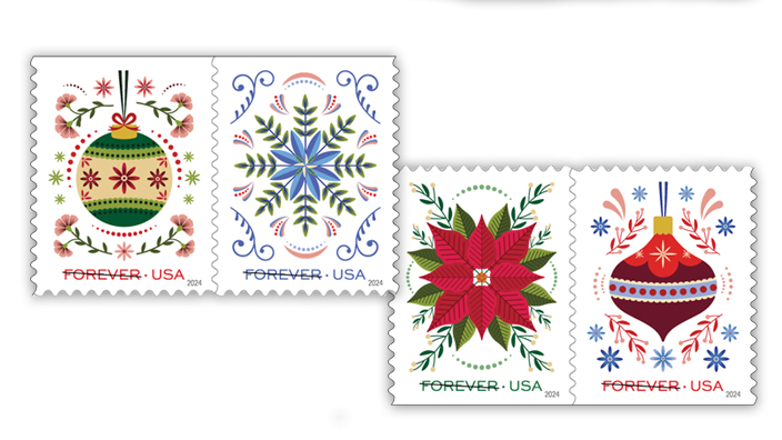 Four stamps featuring illustrations of Christmas ornaments, a snowflake and a poinsettia
