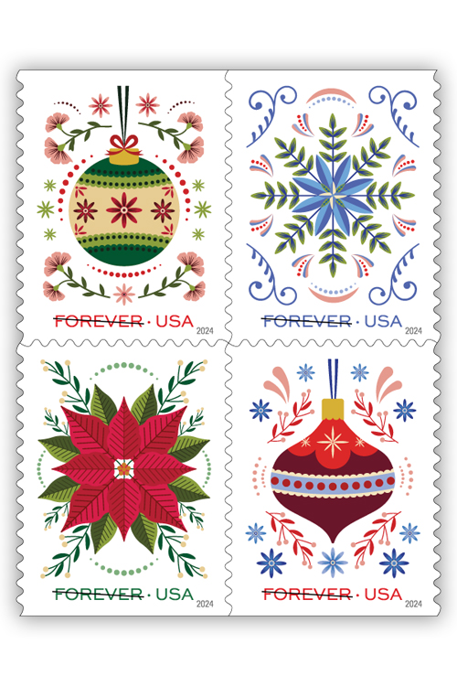 Four stamps featuring illustrations of Christmas ornaments, a snowflake and a poinsettia