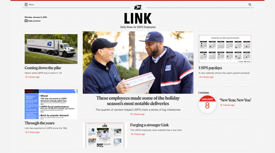 The front page of the Link website, with stories about USPS employees and activities