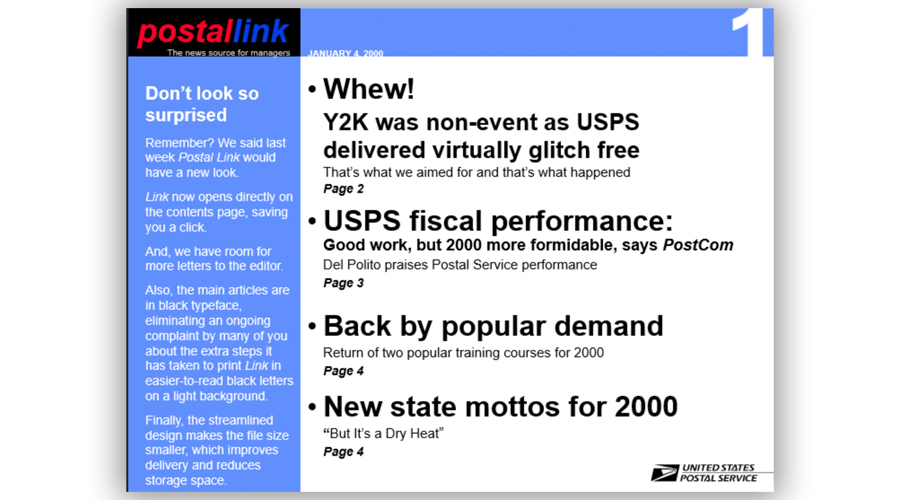 The front page of a Link newsletter from the year 2000, with a headline about Y2K