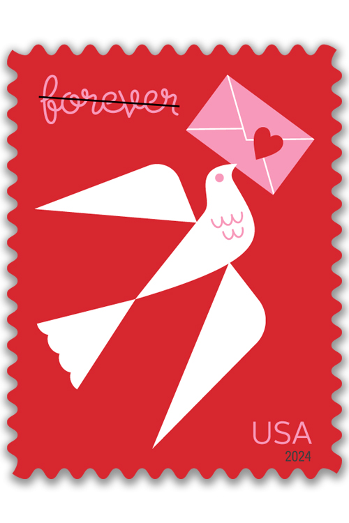 Postage stamp with a stylized illustration of a bird carrying an envelope in its beak