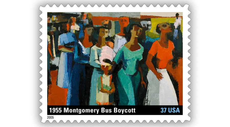 A stamp showing a painting of Black people marching hand in hand