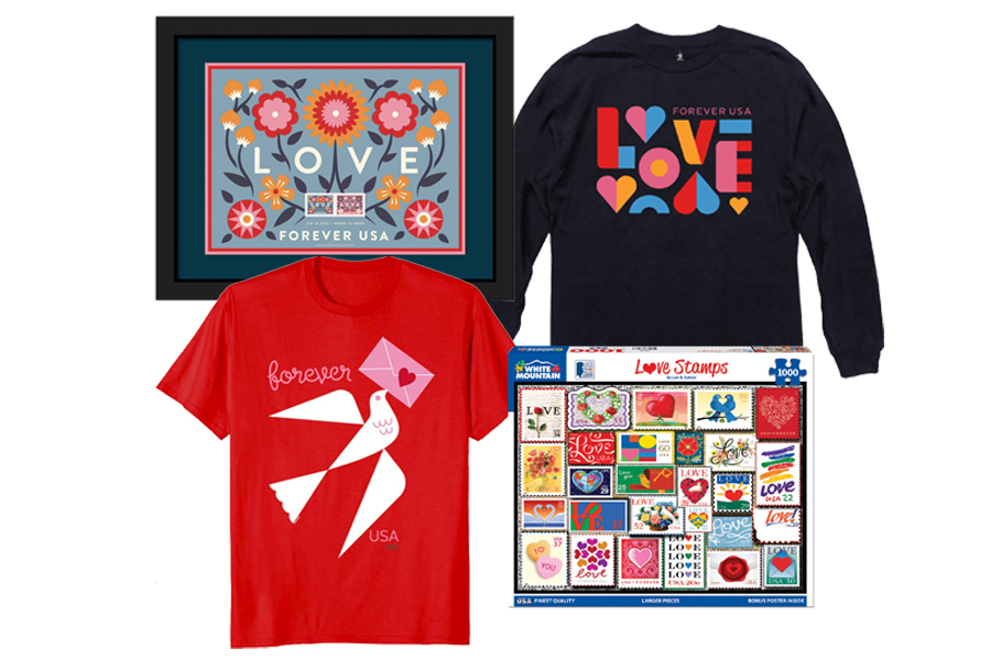 A collage that shows a variety of USPS-themed products, including shirts and a puzzle