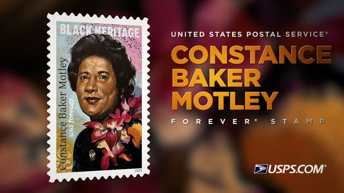 A graphic showing the Constance Baker Motley stamp
