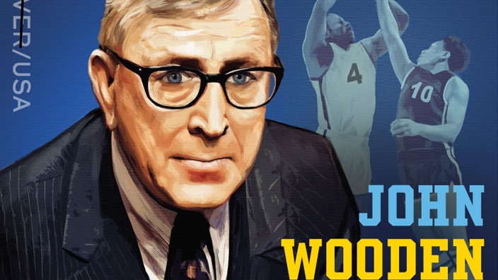Image of stamp showing an illustrated portrait of John Wooden in the foreground and two players reaching for a basketball in midair in the background