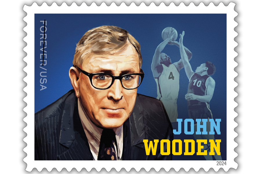 Image of stamp showing an illustrated portrait of John Wooden in the foreground and two players reaching for a basketball in midair in the background