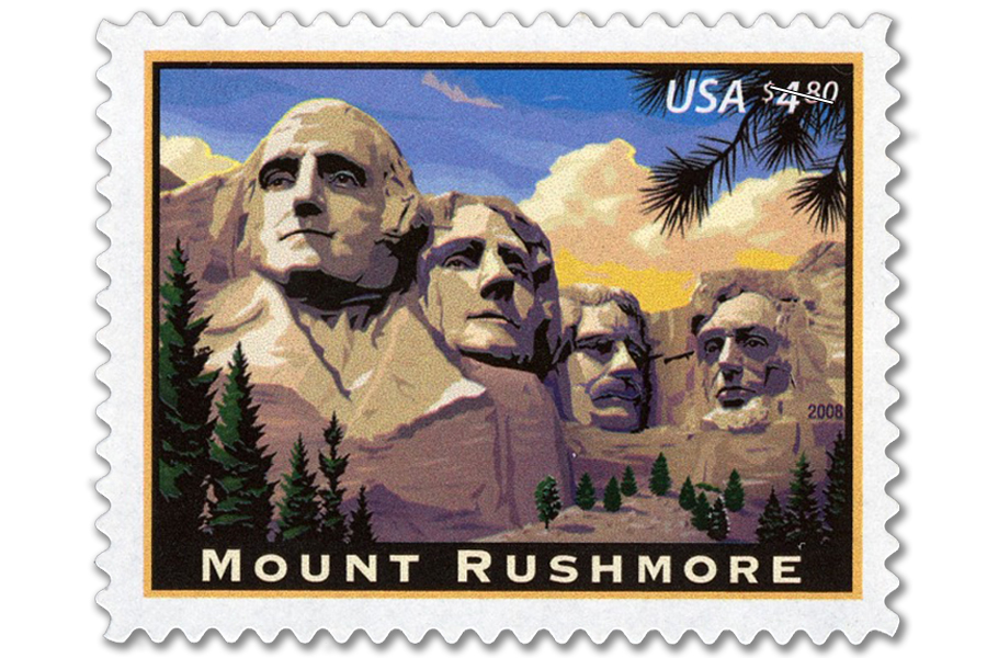A U.S. Postal Service stamp featuring Mount Rushmore