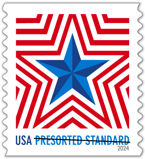 Close-up of stamp showing red, white and blue imagery